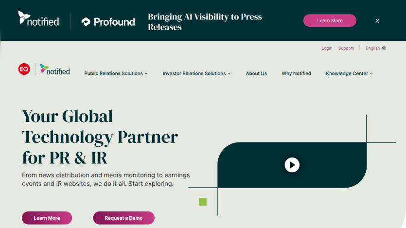 Homepage of Notified showcasing their services for PR and IR with a call to action.
