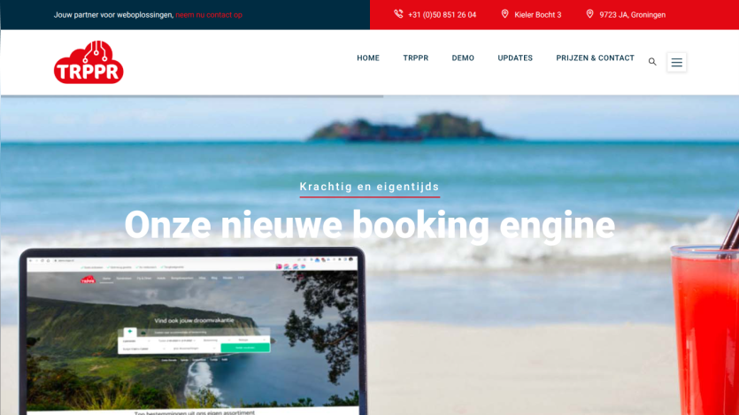Website showcasing a new booking engine with a beach background and a laptop display.