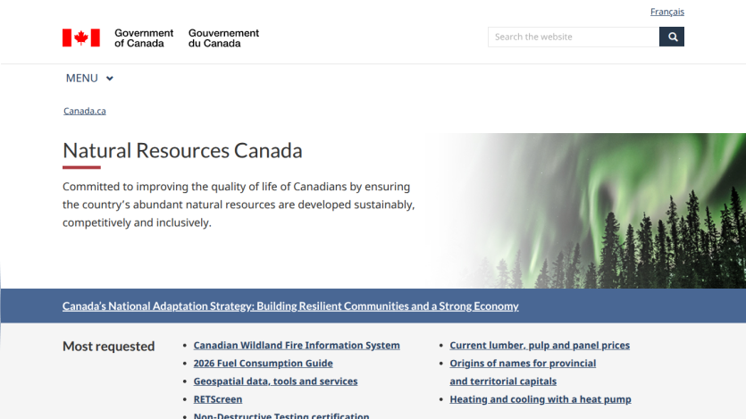 Natural Resources Canada homepage with mission statement and resource links.