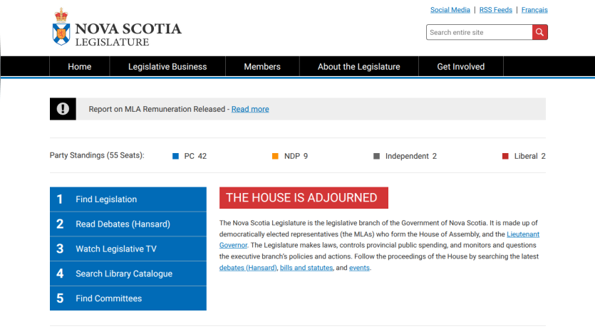 Nova Scotia Legislature homepage with navigation, party standings, and notice that the house is adjourned