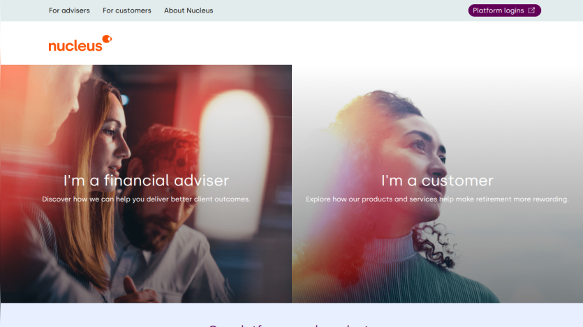 Nucleus homepage with options for financial advisers and customers, highlighting client outcomes and retirement rewards.