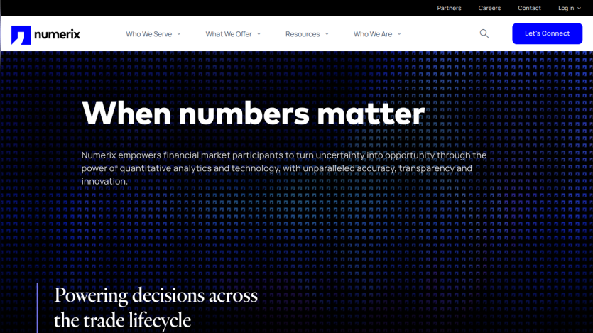 Numerix homepage with headline 'When numbers matter' and description about empowering financial market participants
