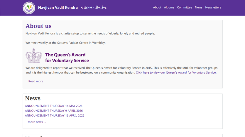 About Us section describing the charity and its mission, with news updates below.