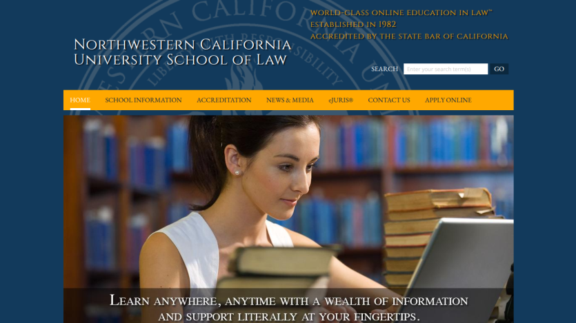 Homepage of Northwestern California University School of Law with a student studying online.