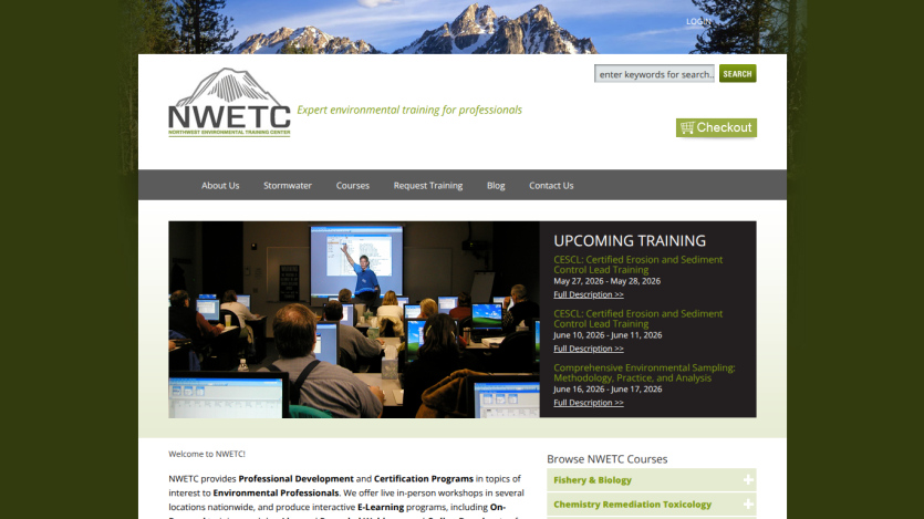NWETC website showing upcoming training sessions and a classroom setting.