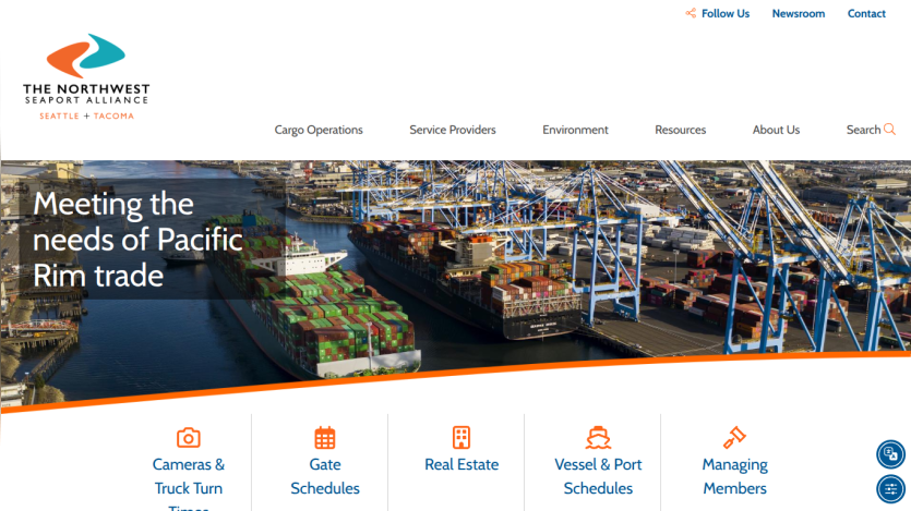 Northwest Seaport Alliance homepage with navigation and hero image showing cargo ships and containers, highlighting Pacific Rim trade