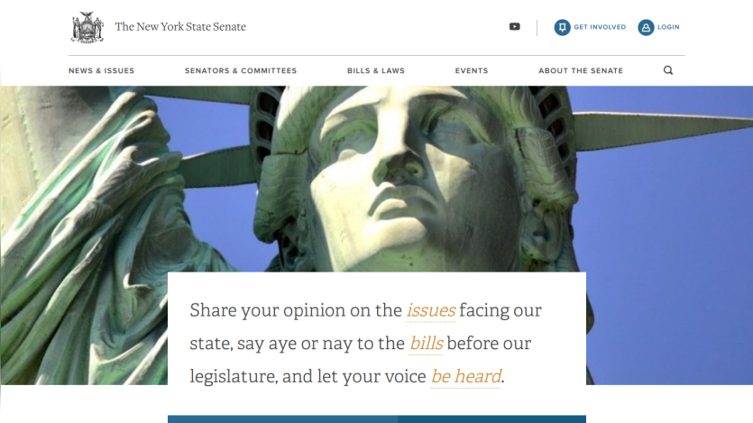 New York State Senate website inviting users to share opinions on state issues and bills.