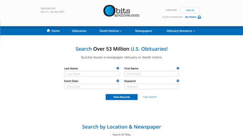 Search interface for U.S. obituaries with fields for last name, first name, event date, and keyword.