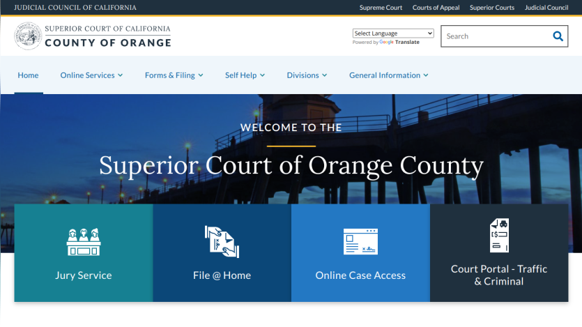 Homepage of the Superior Court of Orange County with service options displayed.