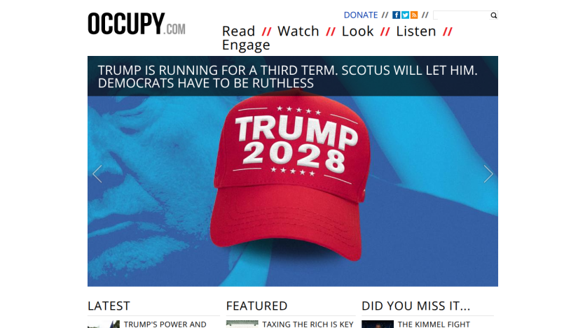 Occupy.com homepage with headline about Trump running for a third term and a red Trump 2028 hat image