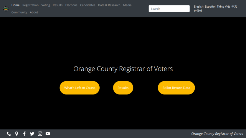Orange County Registrar of Voters homepage with navigation menu, search bar, language options, and buttons for election data