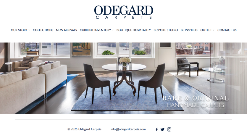 Odegard Carpets website with navigation menu and hero image of a modern living room featuring handmade carpets