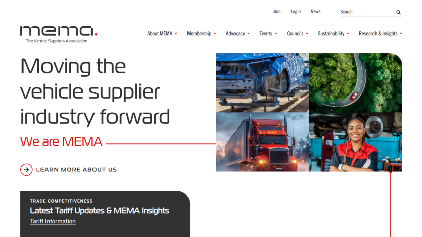 Homepage of MEMA highlighting vehicle supplier industry with key text and images.