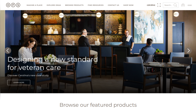 Hero section with headline about designing a new standard for veteran care and a call to action to learn more