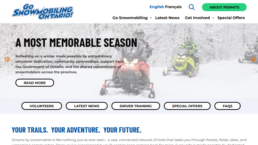 Promotional banner for snowmobiling in Ontario with a call to action for various activities.