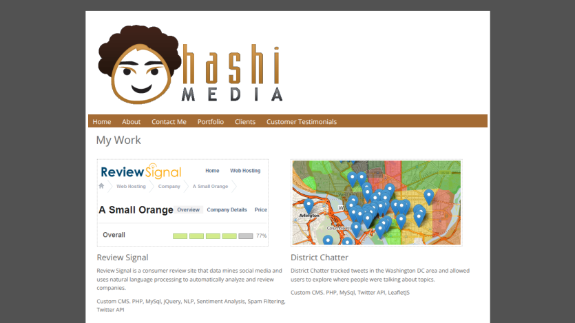 Hashi Media homepage with navigation and featured projects Review Signal and District Chatter