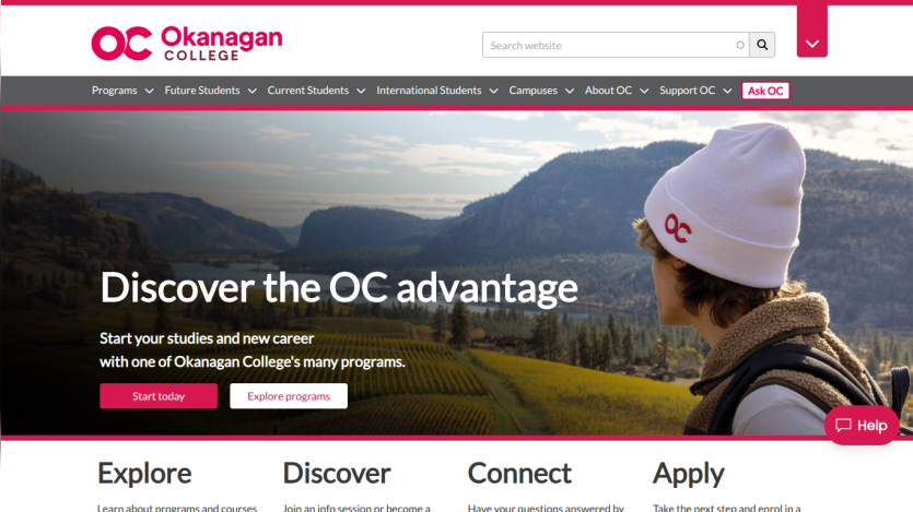 Okanagan College homepage with navigation menu and hero section promoting programs and career start