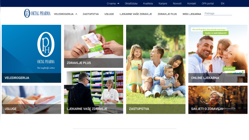 Oktal Pharma website with navigation menu and sections for Veledrogerija, Zdravlje Plus, Online Pharmacy, Services, Pharmacies, Representation, and Health Advice.