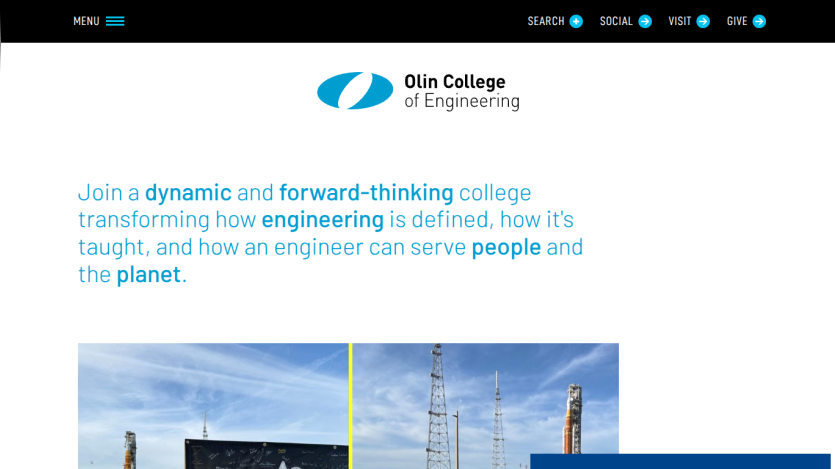 Olin College of Engineering's mission statement highlighting dynamic education and service to people and the planet.