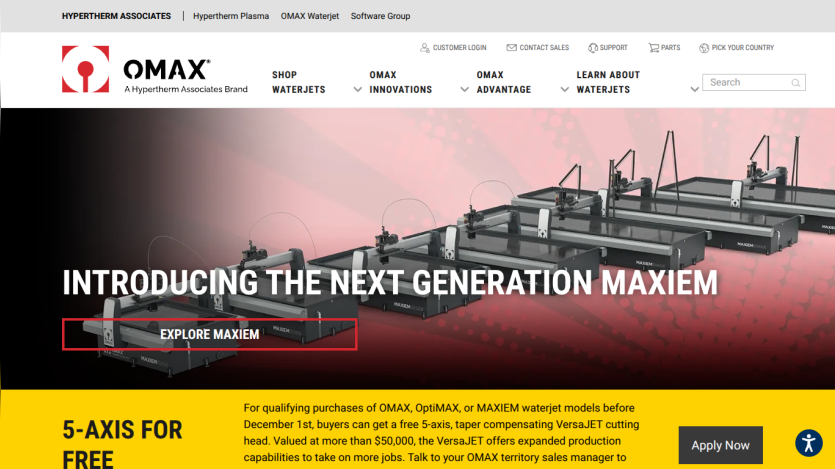 OMAX website introducing the next generation MAXIEM waterjet with an explore button and promotional offer for 5-axis cutting head