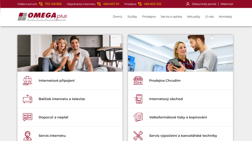 Homepage of Omega Plus showing internet connection and sales services with images of smiling people and service icons