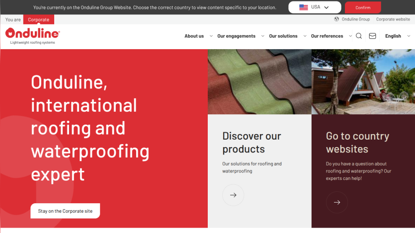Onduline corporate website header with navigation and hero section highlighting roofing and waterproofing expertise