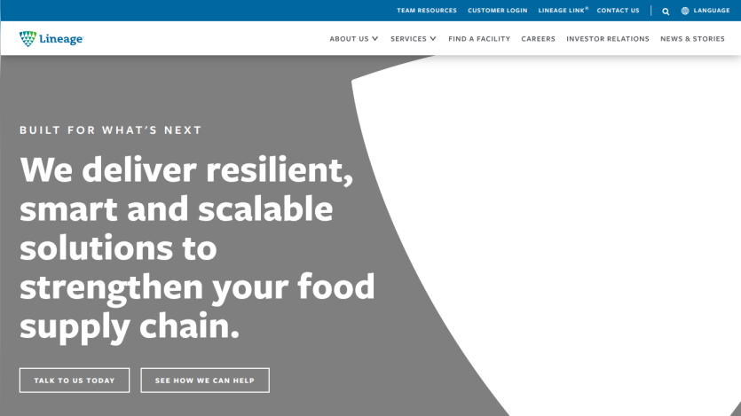 Lineage homepage hero with headline about resilient, smart, scalable food supply chain solutions and call-to-action buttons