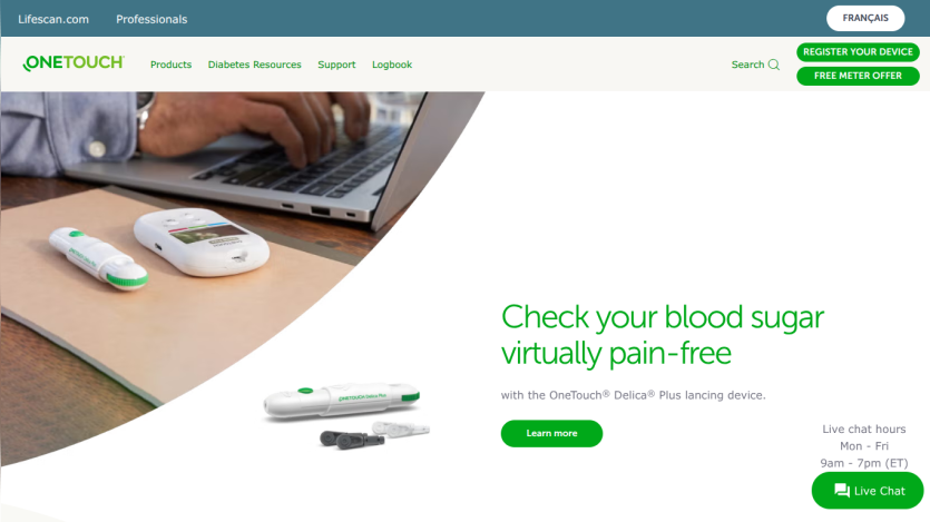 Homepage featuring blood sugar monitoring devices with a tagline about pain-free checking.