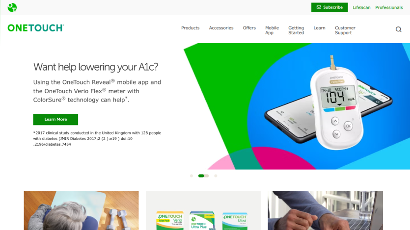 OneTouch Onetouch product page with headline about lowering A1c and call-to-action button