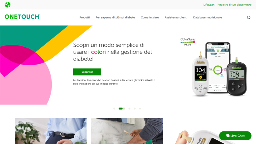OneTouch diabetes management site with colorful design, product images, and navigation in Italian