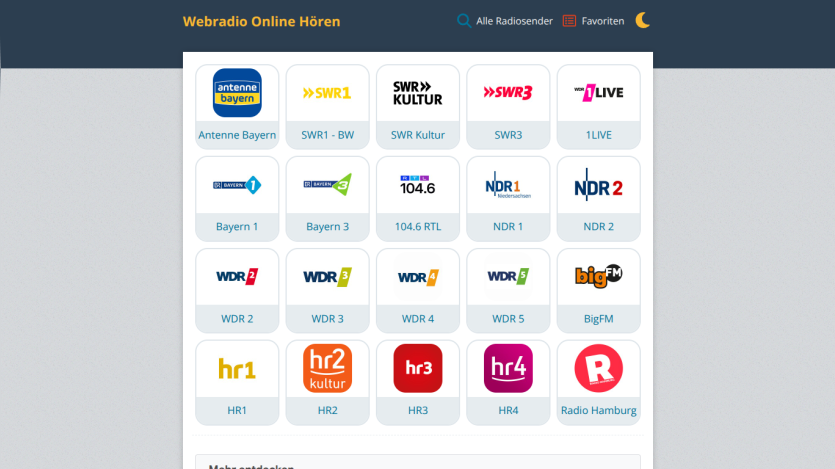 Grid of radio station logos with navigation options for online listening.