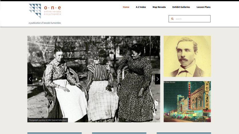 Online Nevada Encyclopedia homepage with navigation links, search box, and historical photos in the hero section