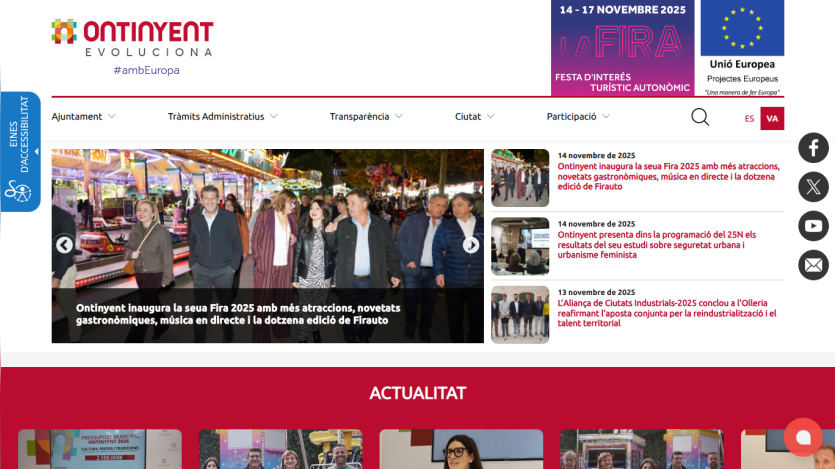 Ontinyent municipal website showing news about urban safety and feminist urbanism study with event dates and navigation menu