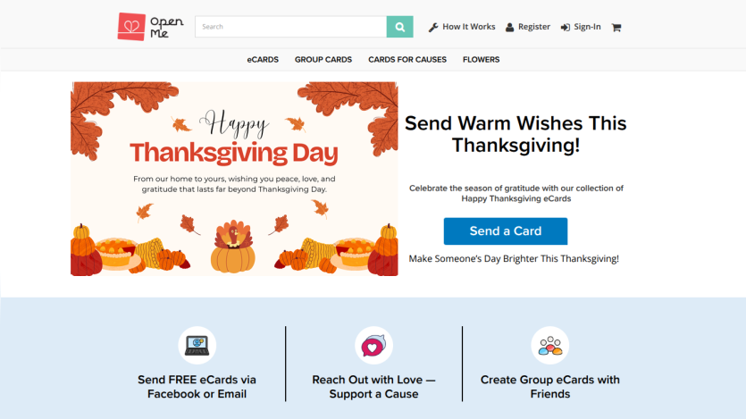 Website offering Thanksgiving eCards with a call to send warm wishes and options to send free eCards, support causes, and create group cards