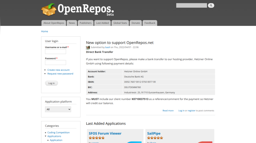 OpenRepos website showing navigation tabs, user login form, support payment details, and last added applications section.