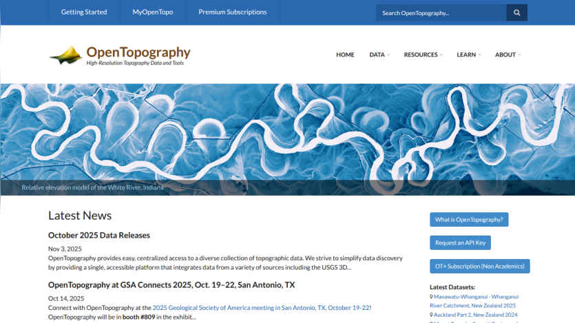 OpenTopography homepage with colorful topographic map banner and navigation menu including Home, Data, Resources, and About