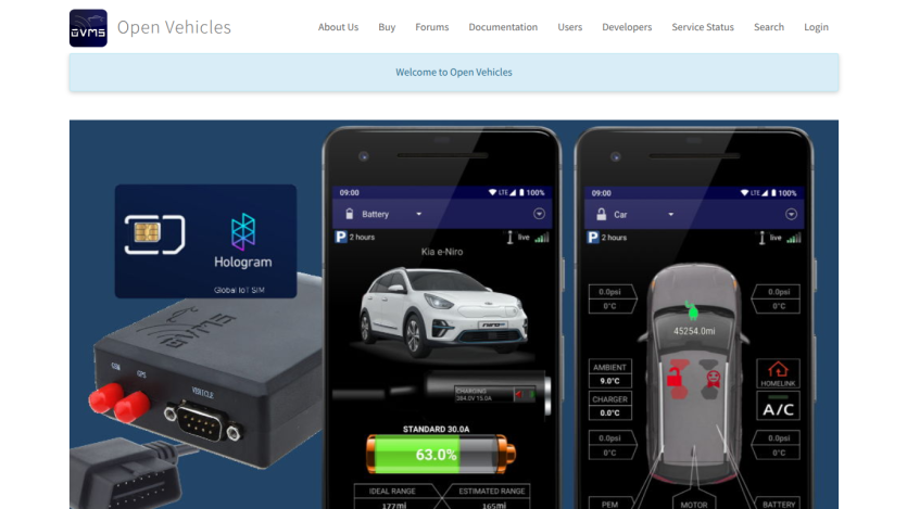 Open Vehicles homepage showing navigation menu and hero section with vehicle monitoring app on smartphones and IoT SIM device