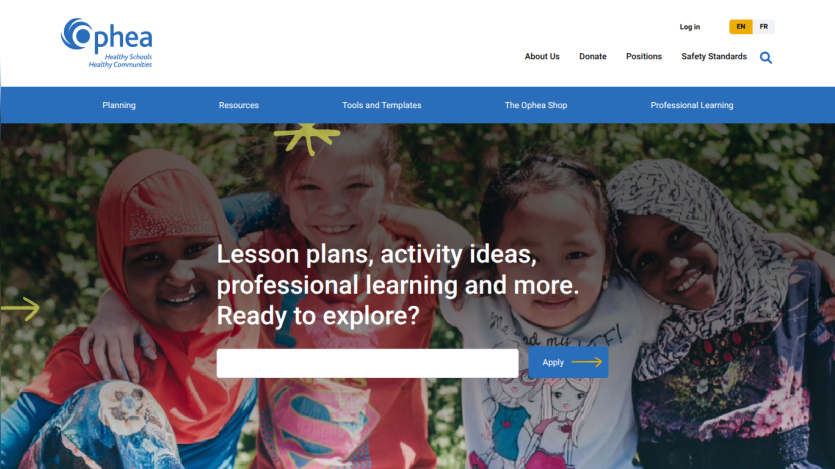 Ophea website homepage with navigation and hero section promoting lesson plans, activity ideas, and professional learning