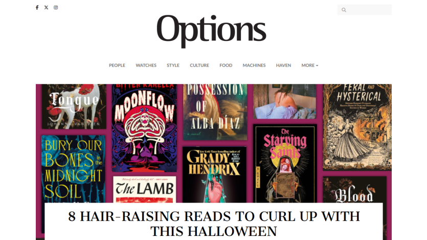 Options magazine homepage featuring a Halloween book reading list with eight book covers and navigation menu