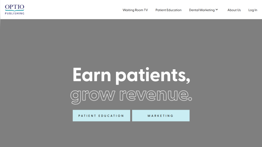 Optio Publishing website hero with headline 'Earn patients, grow revenue' and navigation links