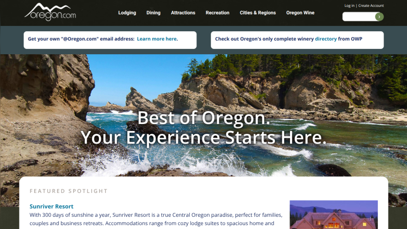 Oregon.com homepage featuring a mountain lake hero image with text 'Best of Oregon. Your Experience Starts Here.' and a spotlight on Sunriver Resort.