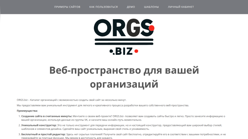 Website header for ORGS.BIZ with a description of services for organizations.