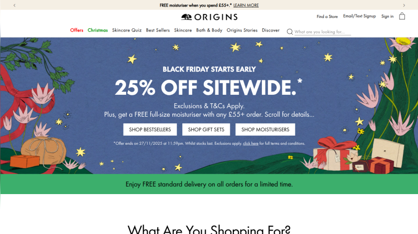 Origins website with Black Friday 25% off sitewide offer and free moisturizer on orders over £55