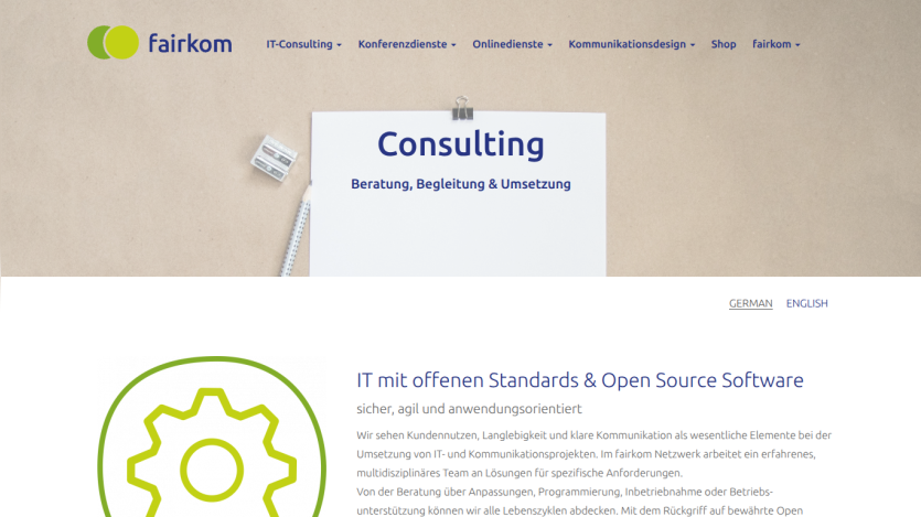 Fairkom IT consulting website with navigation menu and consulting services description in German