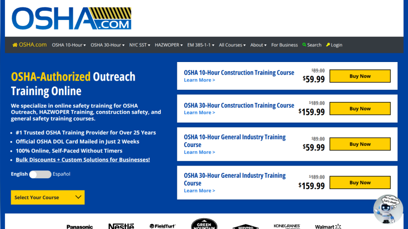 OSHA.com homepage offering authorized outreach training courses with pricing and course selection options