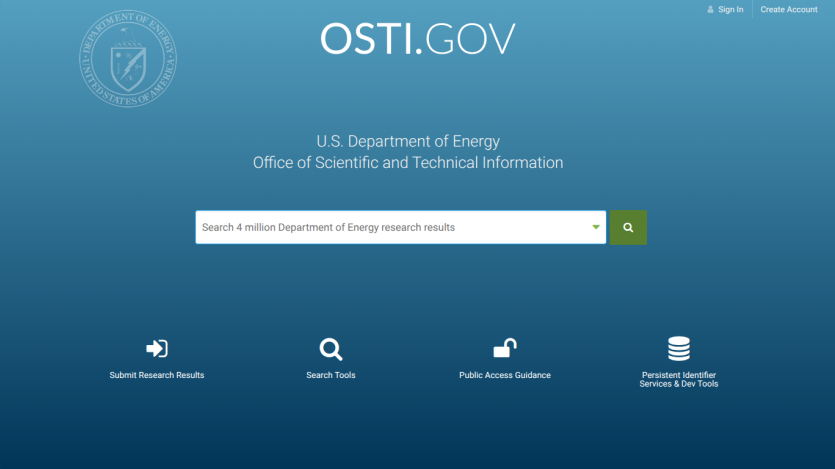 Homepage of OSTI.GOV featuring a search bar and navigation options for research results.