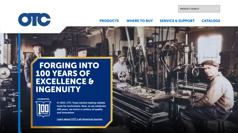 OTC Tools celebrating 100 years of excellence and ingenuity with a historical workshop image and navigation links