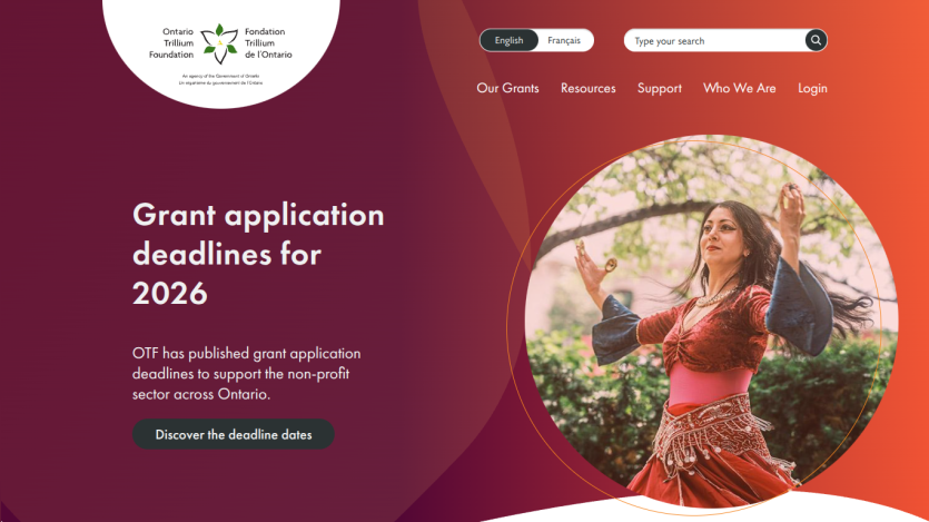 Ontario Trillium Foundation grant application deadlines for 2026 with navigation and search options