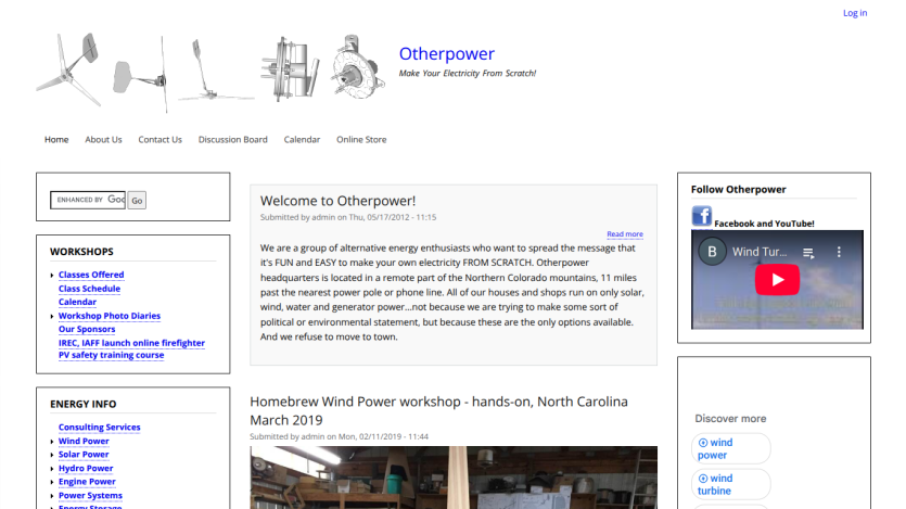 Otherpower homepage with navigation links, welcome message about alternative energy, and workshop information