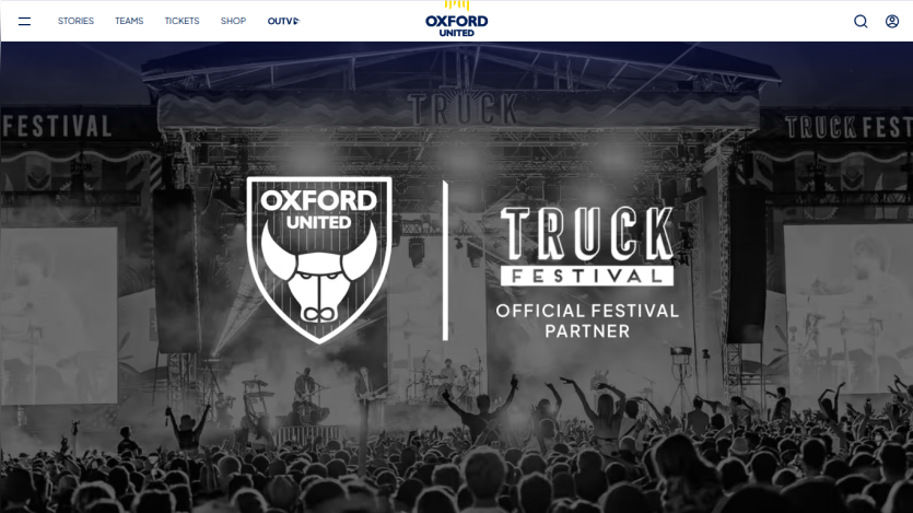 Oxford United website header with navigation and hero section showing Truck Festival official partner announcement